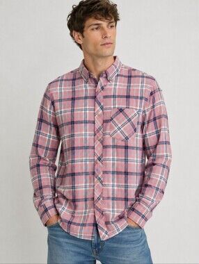 21 Men Lightweight Flannel Button Down Pink & Blue Plaid Shirt Cotton Size Large